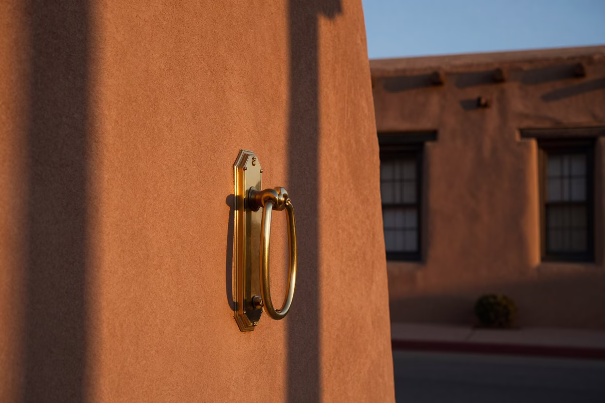 Santa Fe New Mexico Early Evening Adobe Architecture and Brass Details in in Santa Fe, New Mexico, United States