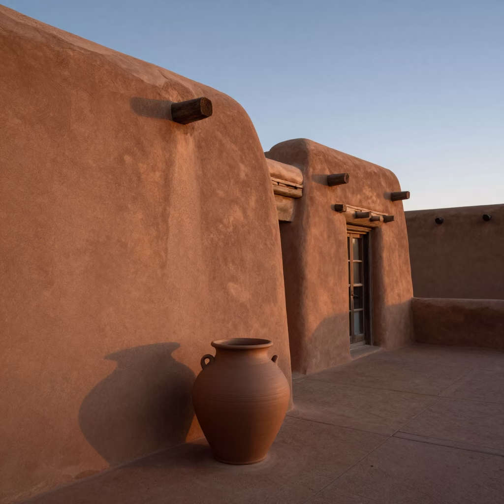 Santa Fe New Mexico Early Evening Adobe Architecture and Clay Pot Detail in in Santa Fe, New Mexico, United States