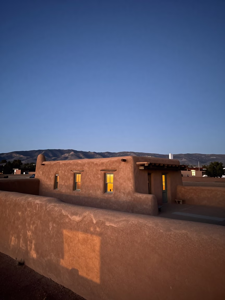 Santa Fe New Mexico Early Evening adobe architecture and desert landscape horizon in in Santa Fe, New Mexico, United States
