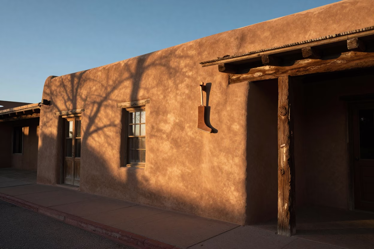 Santa Fe New Mexico Early Evening Adobe Architecture and Local Street Scene in in Santa Fe, New Mexico, United States