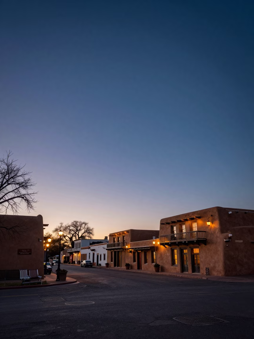 Santa Fe New Mexico Early Evening Adobe Architecture and Street Life in in Santa Fe, New Mexico, United States