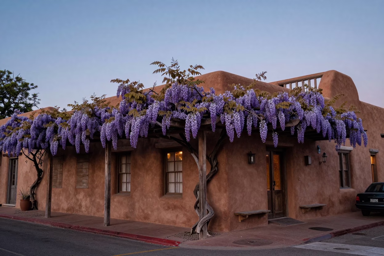 Santa Fe New Mexico Early Evening Adobe Architecture and Wisteria Tunnel in in Santa Fe, New Mexico, United States