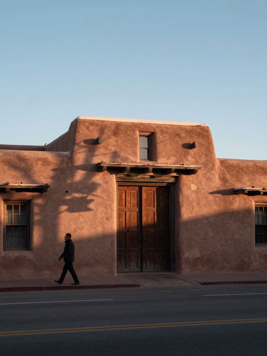 Santa Fe New Mexico Early Morning Adobe Architecture and Historic Plaza Street Scene in in Santa Fe, New Mexico, United States