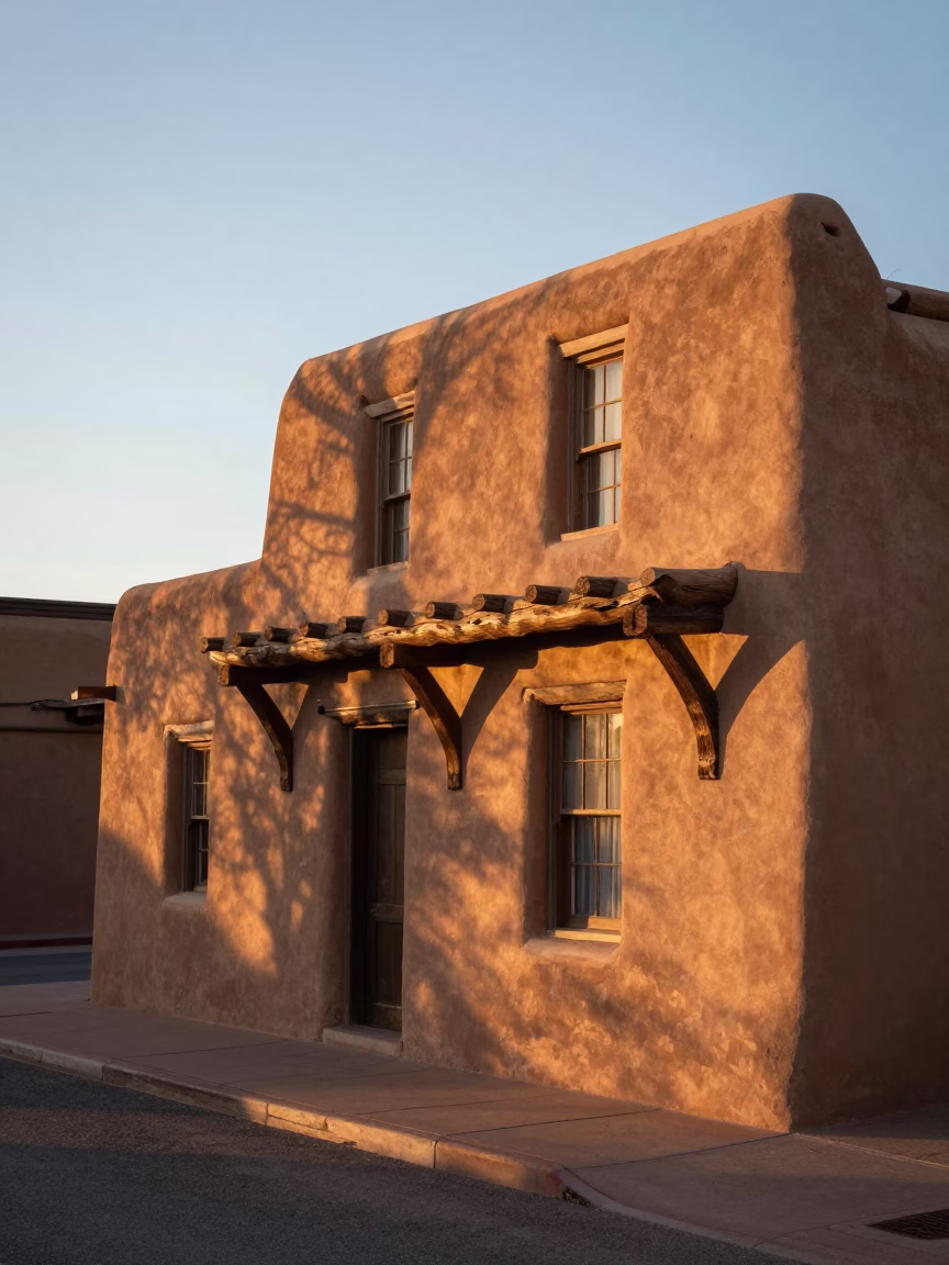 Santa Fe New Mexico Early Morning Adobe Architecture and Street Scene in in Santa Fe, New Mexico, United States