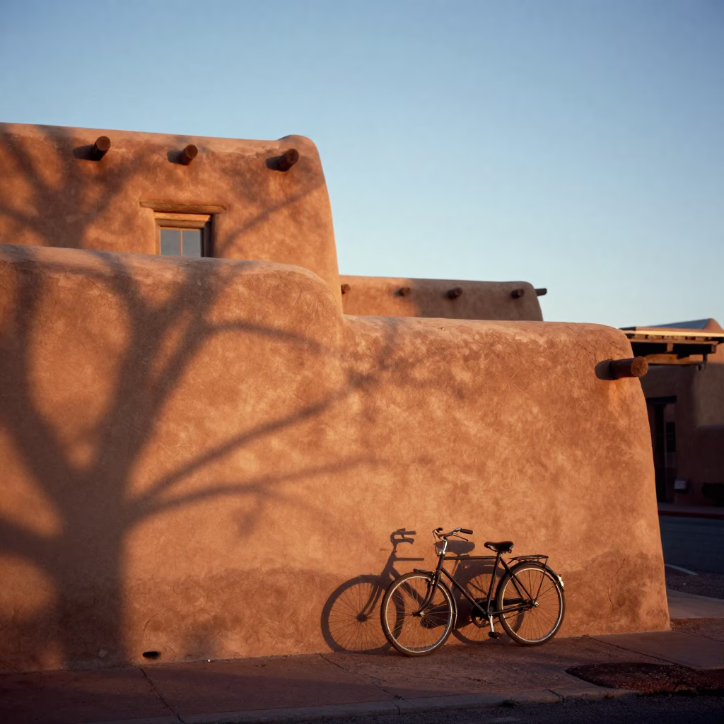 Santa Fe New Mexico Early Morning Adobes and Vintage Bicycle at Dawn in in Santa Fe, New Mexico, United States