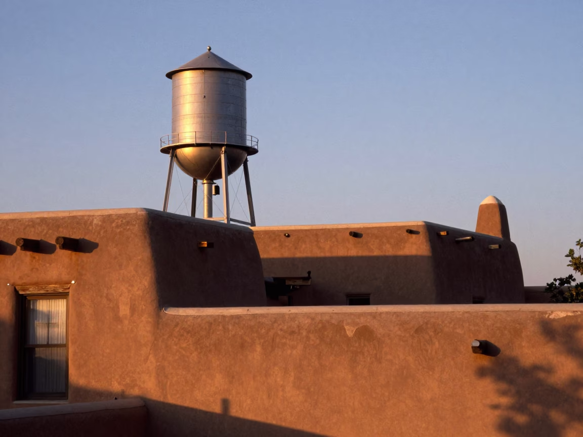 Santa Fe New Mexico Evening Adobe Architecture and Rooftop Water Tower in in Santa Fe, New Mexico, United States