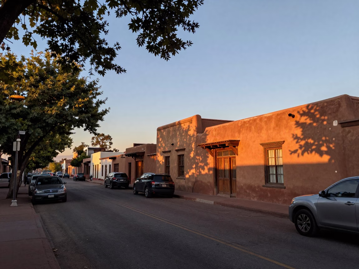 Santa Fe New Mexico Evening Adobes and Leaf Shadows on Busy Street in in Santa Fe, New Mexico, United States