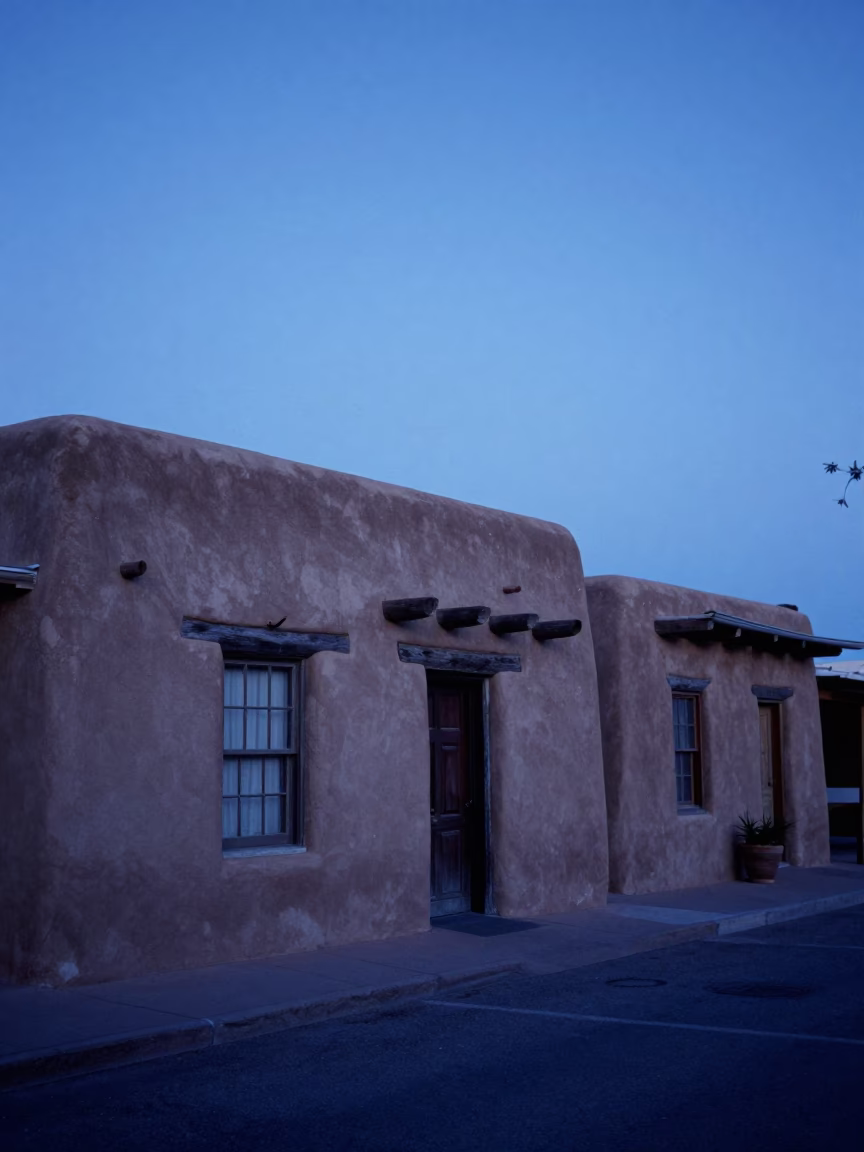 Santa Fe New Mexico Evening Blue Light Adobe Architecture and Street Scene in in Santa Fe, New Mexico, United States