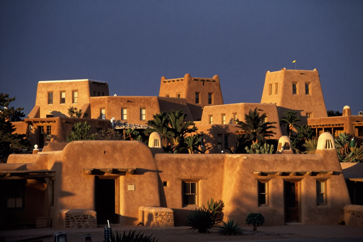 Santa Fe New Mexico Evening Light Adobe Architecture and Desert Flora in in Santa Fe, New Mexico, United States