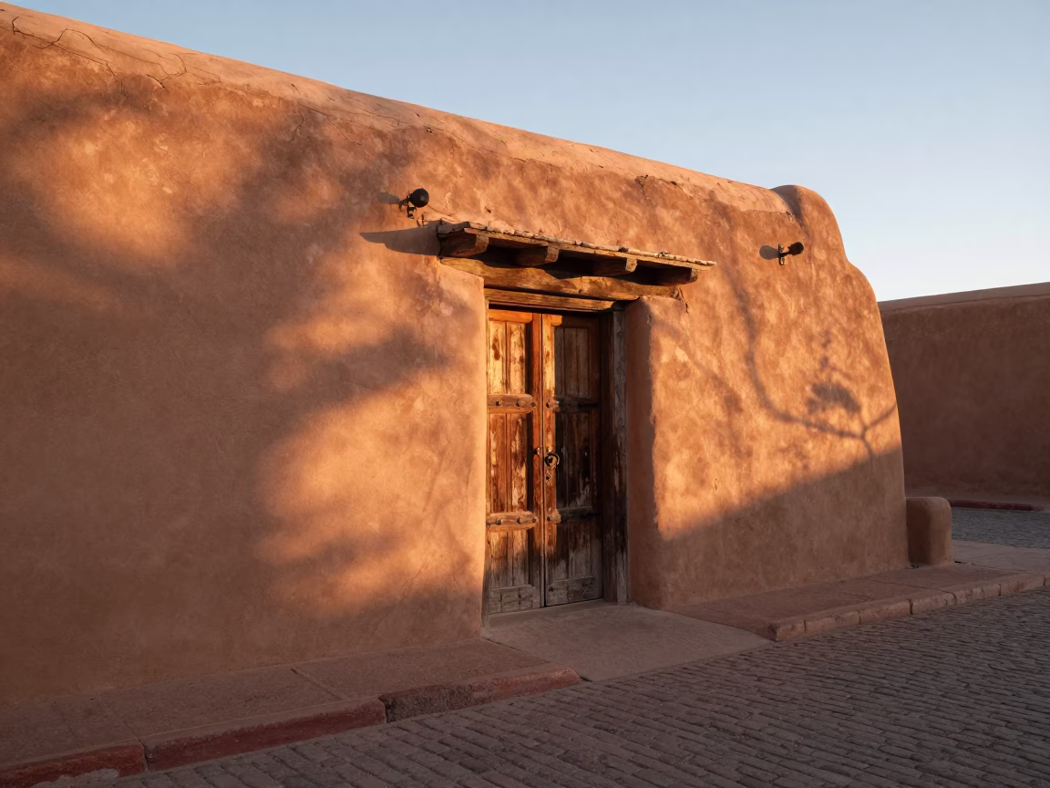 Santa Fe New Mexico Evening Light Adobe Architecture and Local Street Scene in in Santa Fe, New Mexico, United States