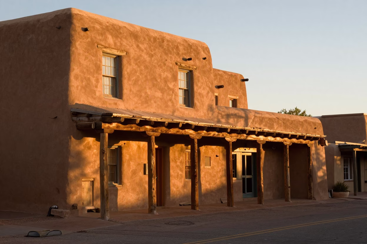 Santa Fe New Mexico Evening Light Adobe Architecture and Street Scene in in Santa Fe, New Mexico, United States