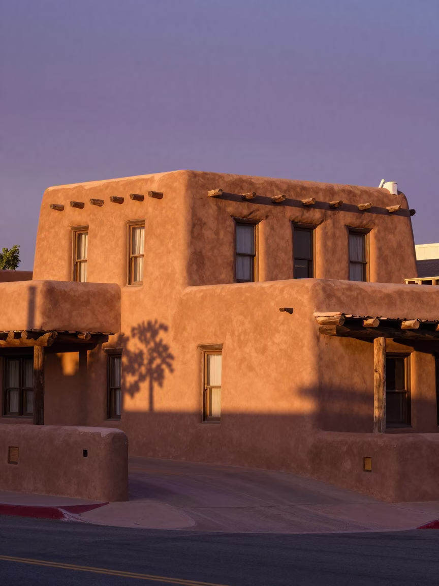 Santa Fe New Mexico evening light adobe architecture overpass interchange ramp in in Santa Fe, New Mexico, United States
