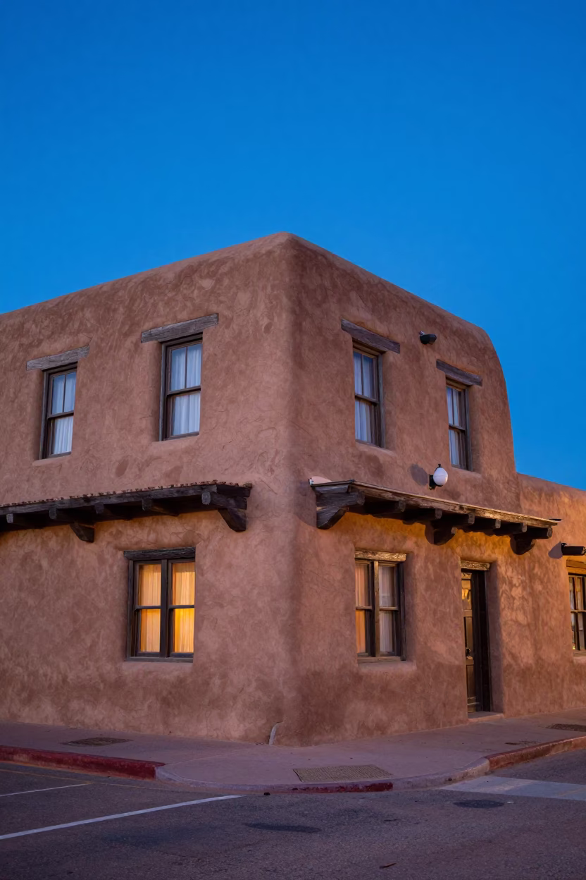 Santa Fe New Mexico Evening Light Adobe Architecture Street Scene in in Santa Fe, New Mexico, United States