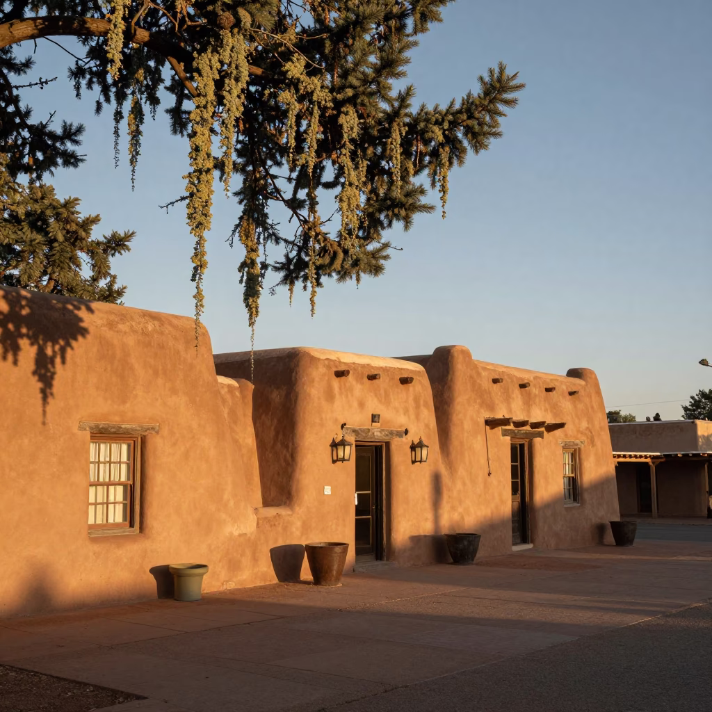 Santa Fe New Mexico Evening Light Adobes Lichen and Local Street Scene in in Santa Fe, New Mexico, United States