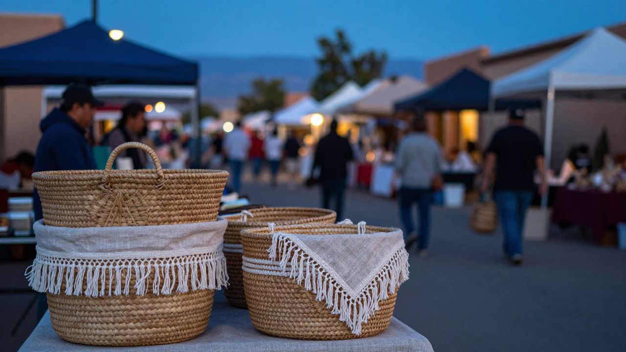 Santa Fe New Mexico Evening Market Woven Basket and Linen Fringe Detail in in Santa Fe, New Mexico, United States