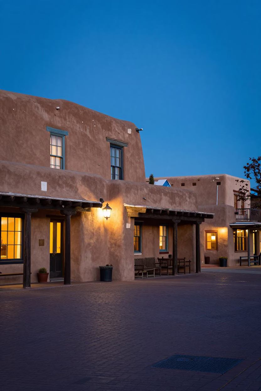 Santa Fe New Mexico Evening Plaza Street Scene with Adobe Architecture and Local Dining in in Santa Fe, New Mexico, United States