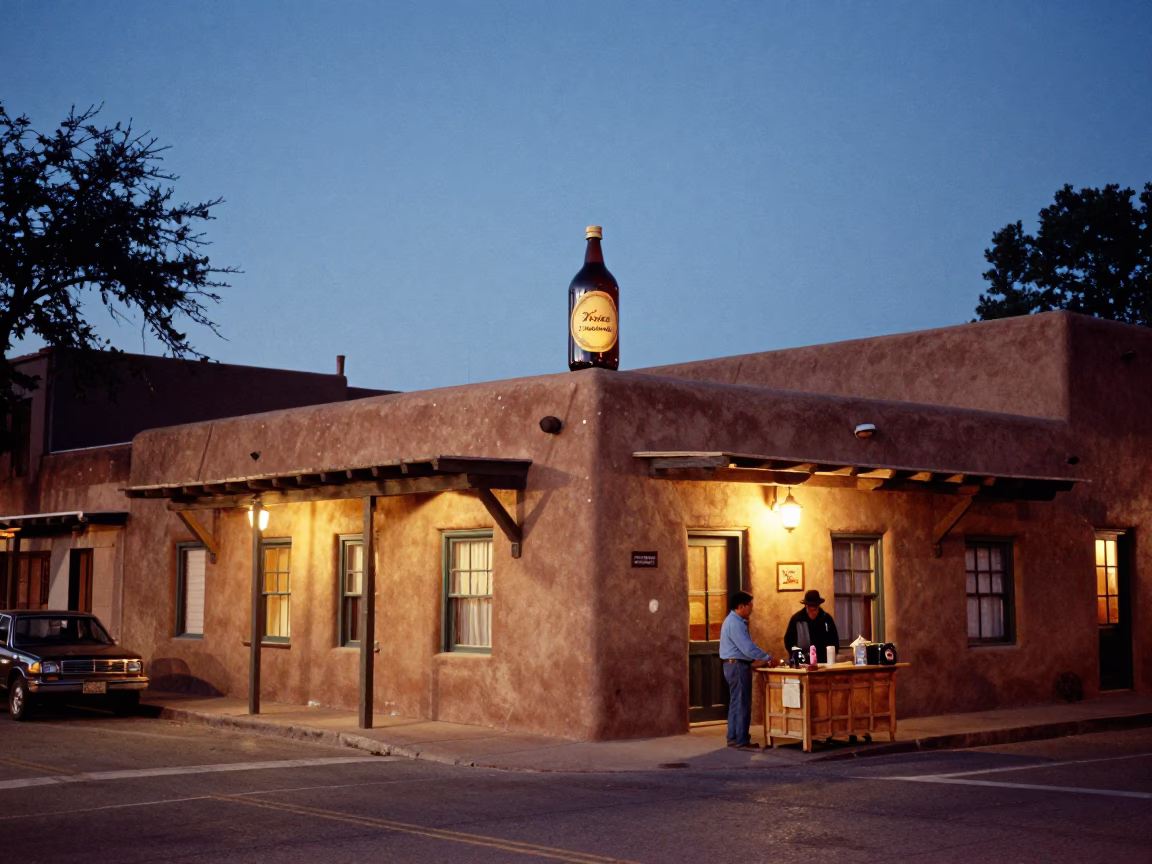 Santa Fe New Mexico Evening Street Scene with Adobe Architecture and Bottle in in Santa Fe, New Mexico, United States