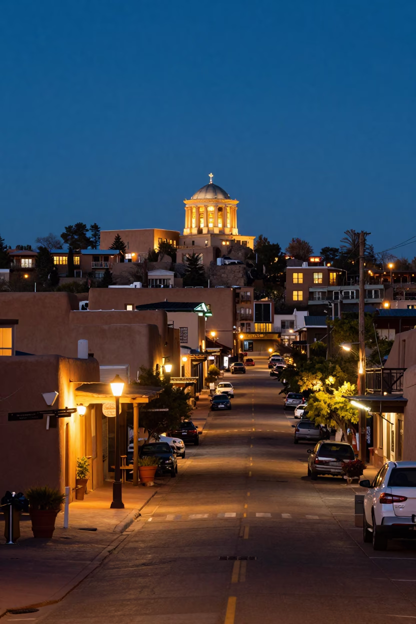 Santa Fe New Mexico Evening Street Scene with Adobe Architecture and City Lights in in Santa Fe, New Mexico, United States
