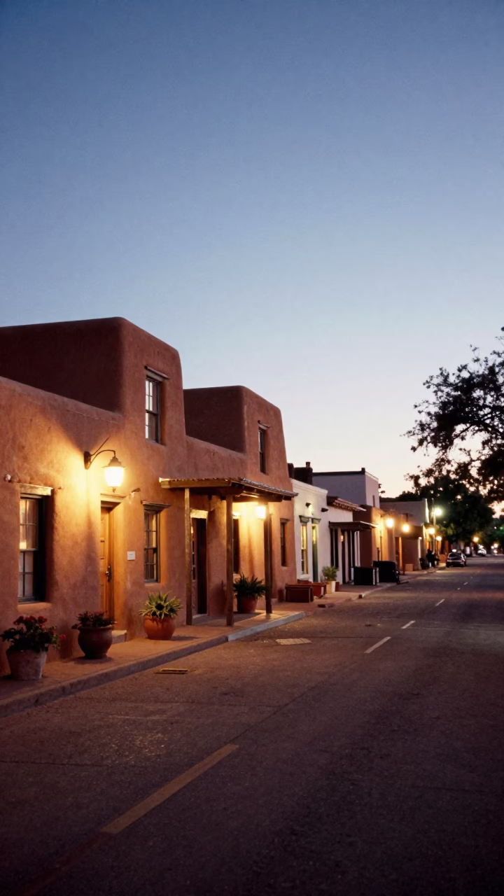 Santa Fe New Mexico Evening Street Scene with Adobe Architecture and Glowing City Lights in in Santa Fe, New Mexico, United States