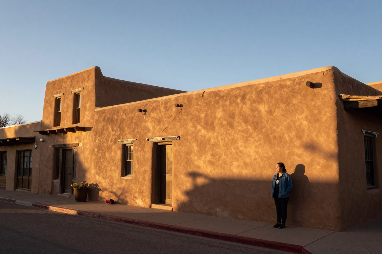Santa Fe New Mexico Evening Street Scene with Adobe Architecture and Local Details in in Santa Fe, New Mexico, United States
