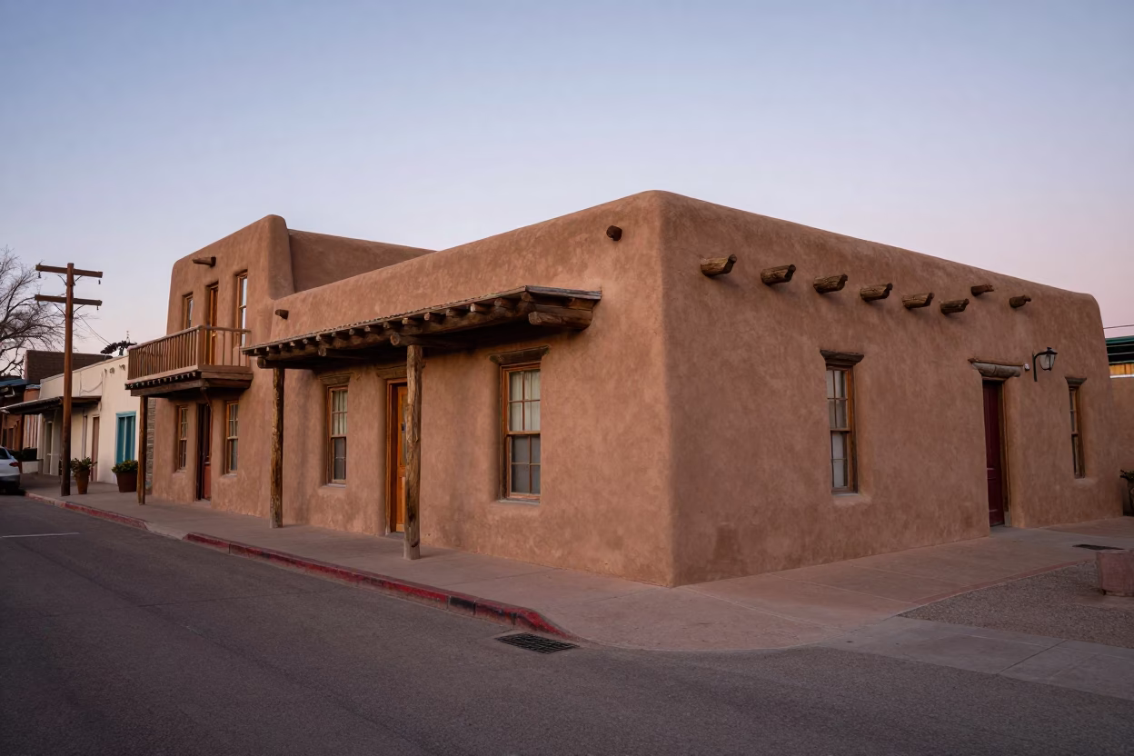 Santa Fe New Mexico Evening Street Scene with Adobe Architecture and Local Diners in in Santa Fe, New Mexico, United States