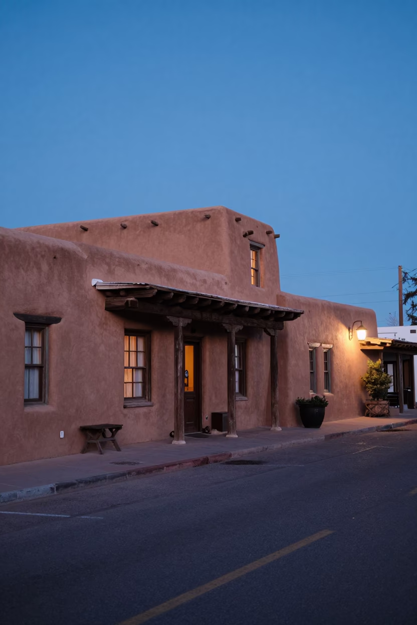 Santa Fe New Mexico Evening Street Scene with Adobe Architecture and Local Life in in Santa Fe, New Mexico, United States