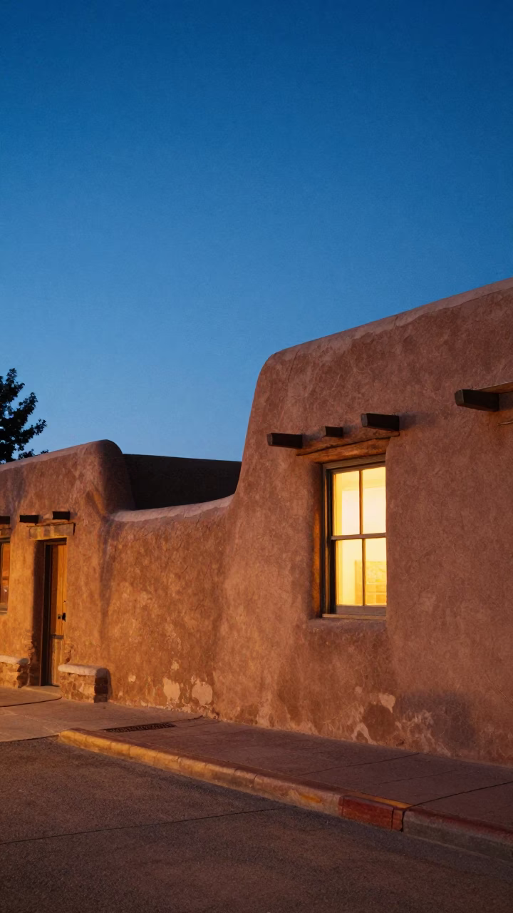 Santa Fe New Mexico evening street scene with adobe architecture and warm window light in in Santa Fe, New Mexico, United States