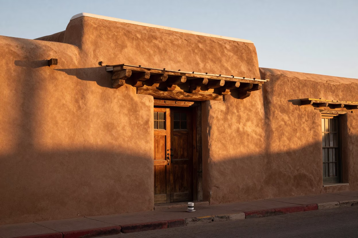 Santa Fe New Mexico Evening Street Scene with Espresso Cup and Adobe Architecture in in Santa Fe, New Mexico, United States