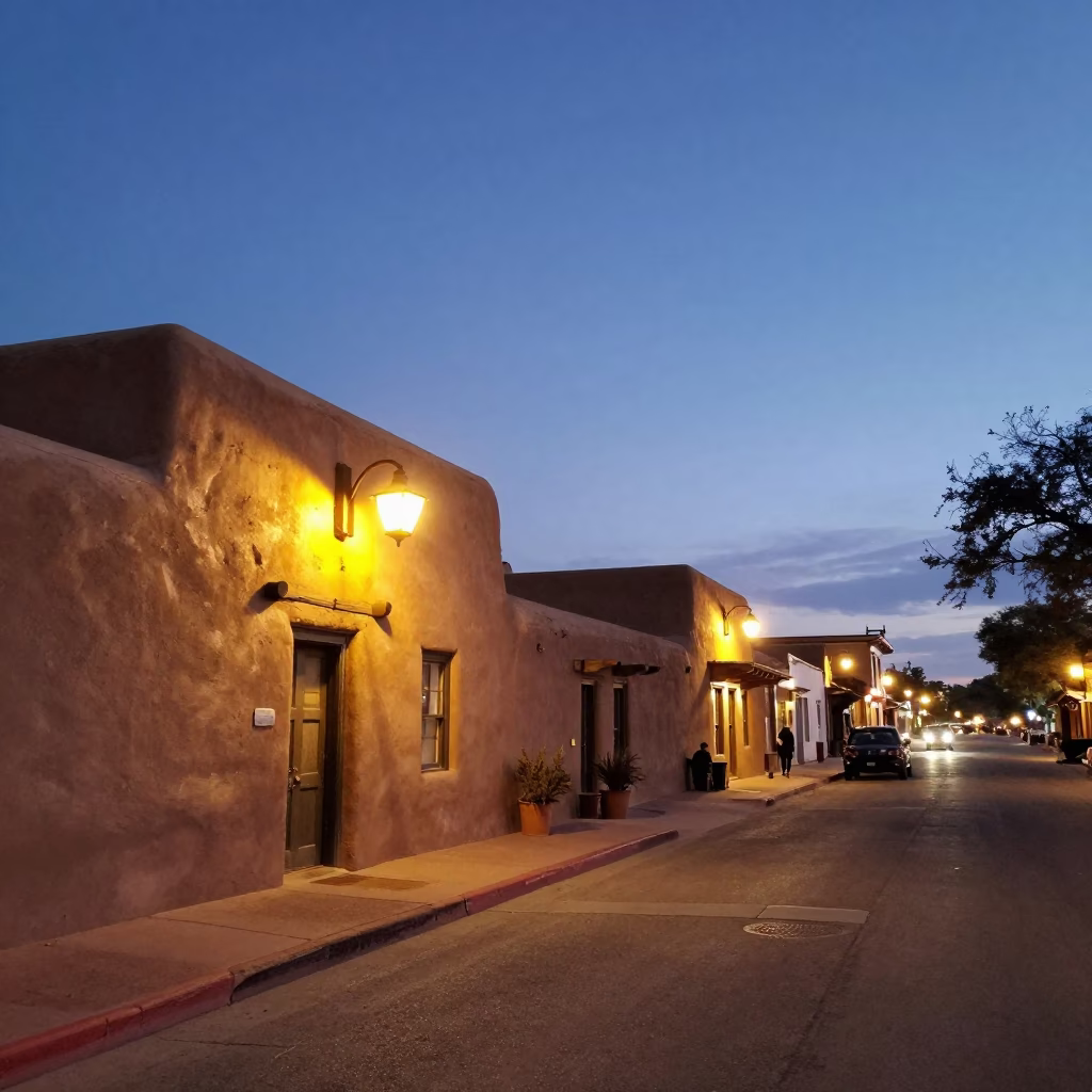 Santa Fe New Mexico evening street scene with glowing adobe walls and ivy in in Santa Fe, New Mexico, United States