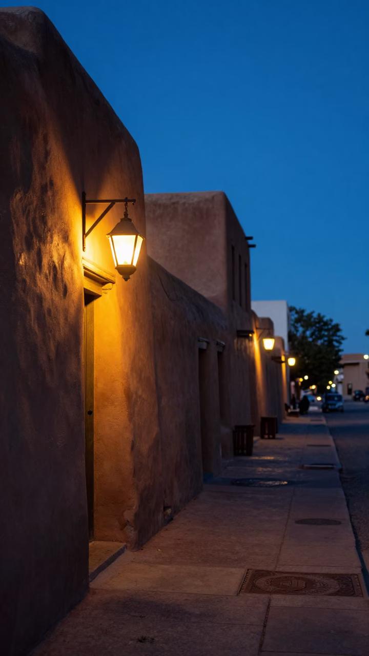 Santa Fe New Mexico Evening Street Scene with Lantern Light and Adobe Architecture in in Santa Fe, New Mexico, United States