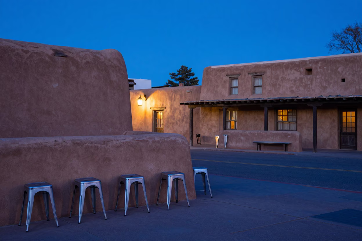 Santa Fe New Mexico Evening Street Scene with Metal Stools and Adobe Architecture in in Santa Fe, New Mexico, United States