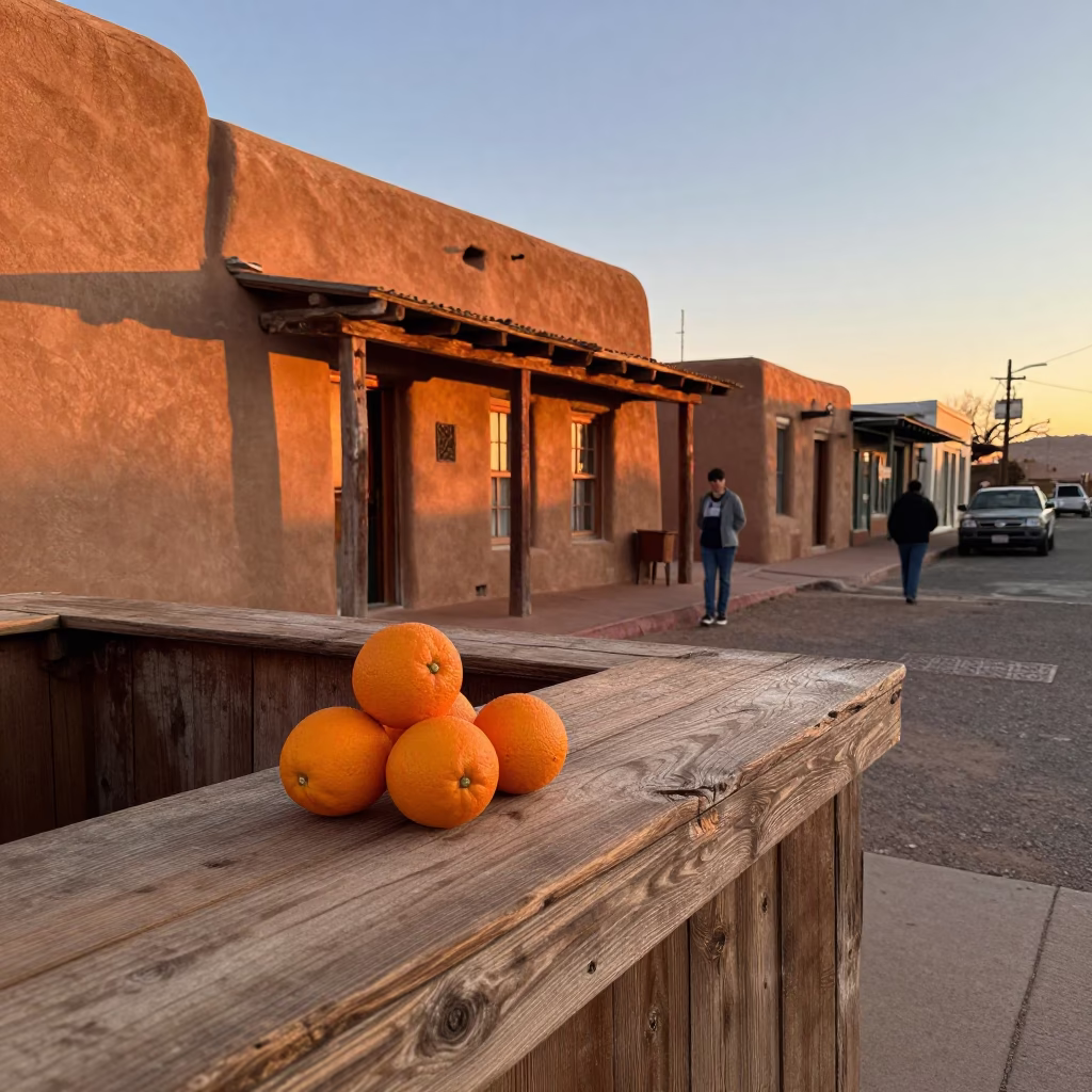 Santa Fe New Mexico Evening Street Scene with Oranges and Adobe Architecture in in Santa Fe, New Mexico, United States