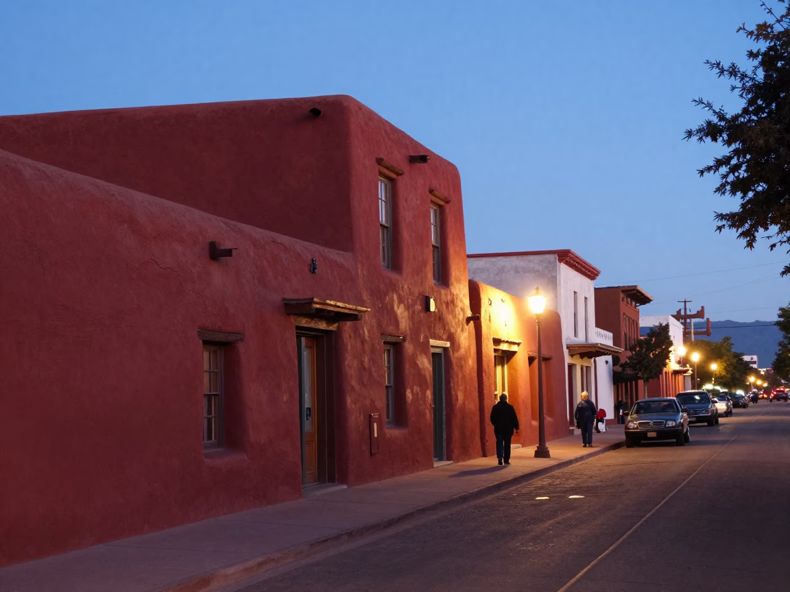 Santa Fe New Mexico Evening Street Scene with Red Adobe Architecture and City Lights in in Santa Fe, New Mexico, United States