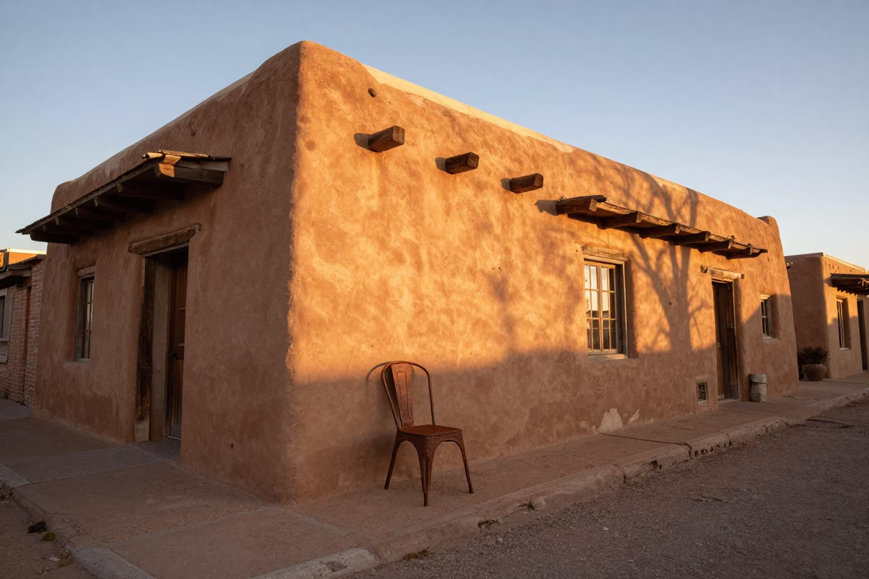 Santa Fe New Mexico Evening Street Scene with Rusty Metal Chair and Adobe Architecture in in Santa Fe, New Mexico, United States