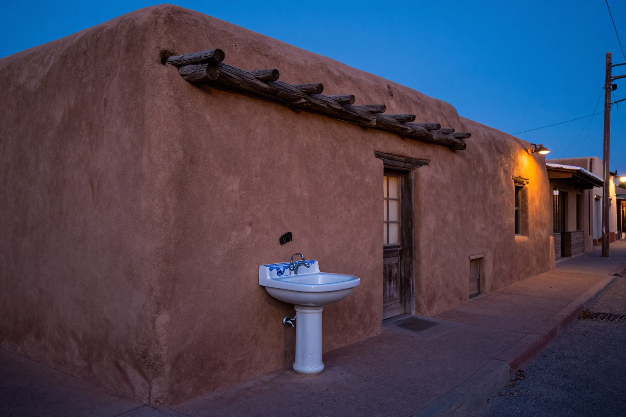 Santa Fe New Mexico Evening Street Scene with Sink and Comb in in Santa Fe, New Mexico, United States
