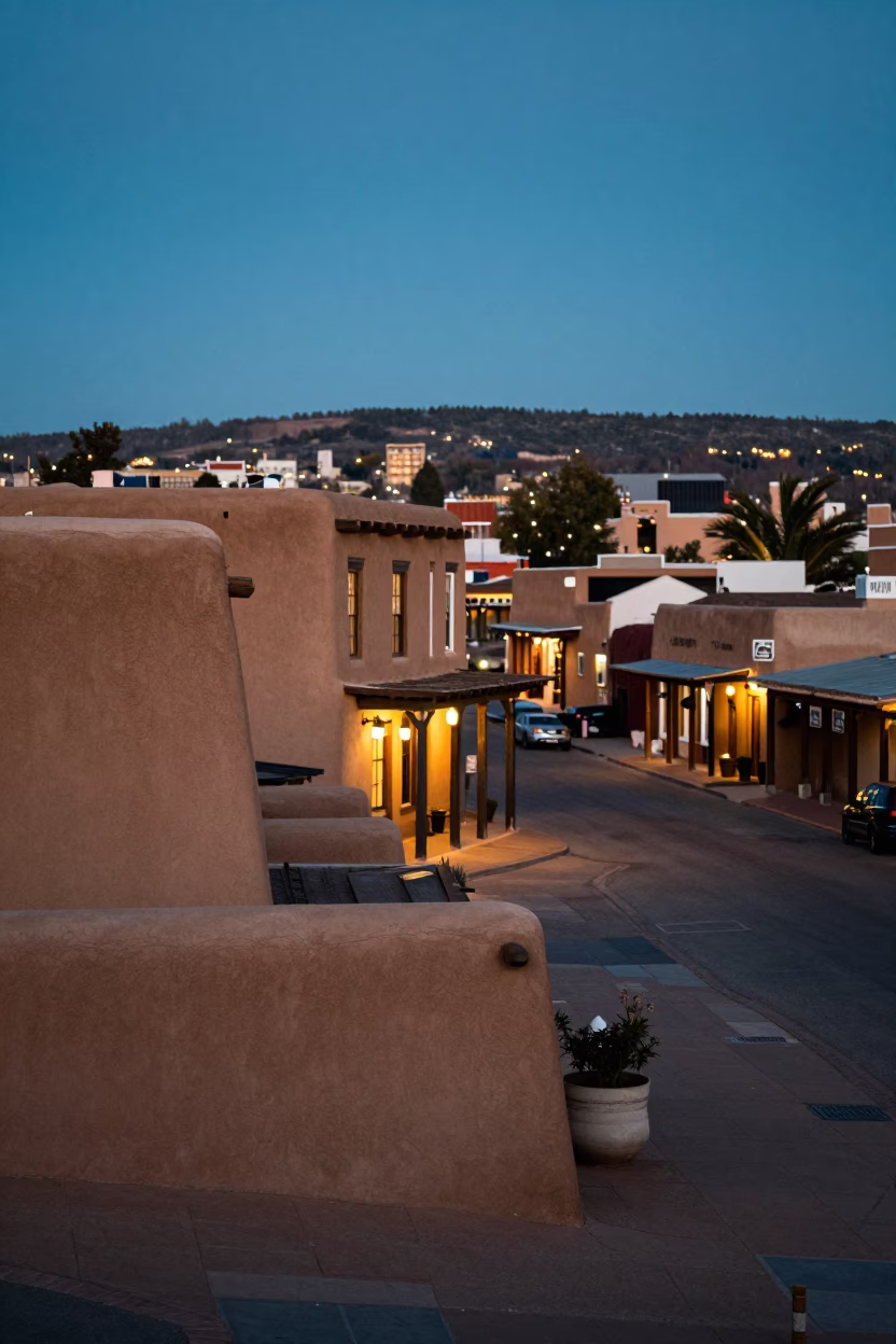 Santa Fe New Mexico Evening Street Scene with Traditional Adobe Architecture and City Lights in in Santa Fe, New Mexico, United States