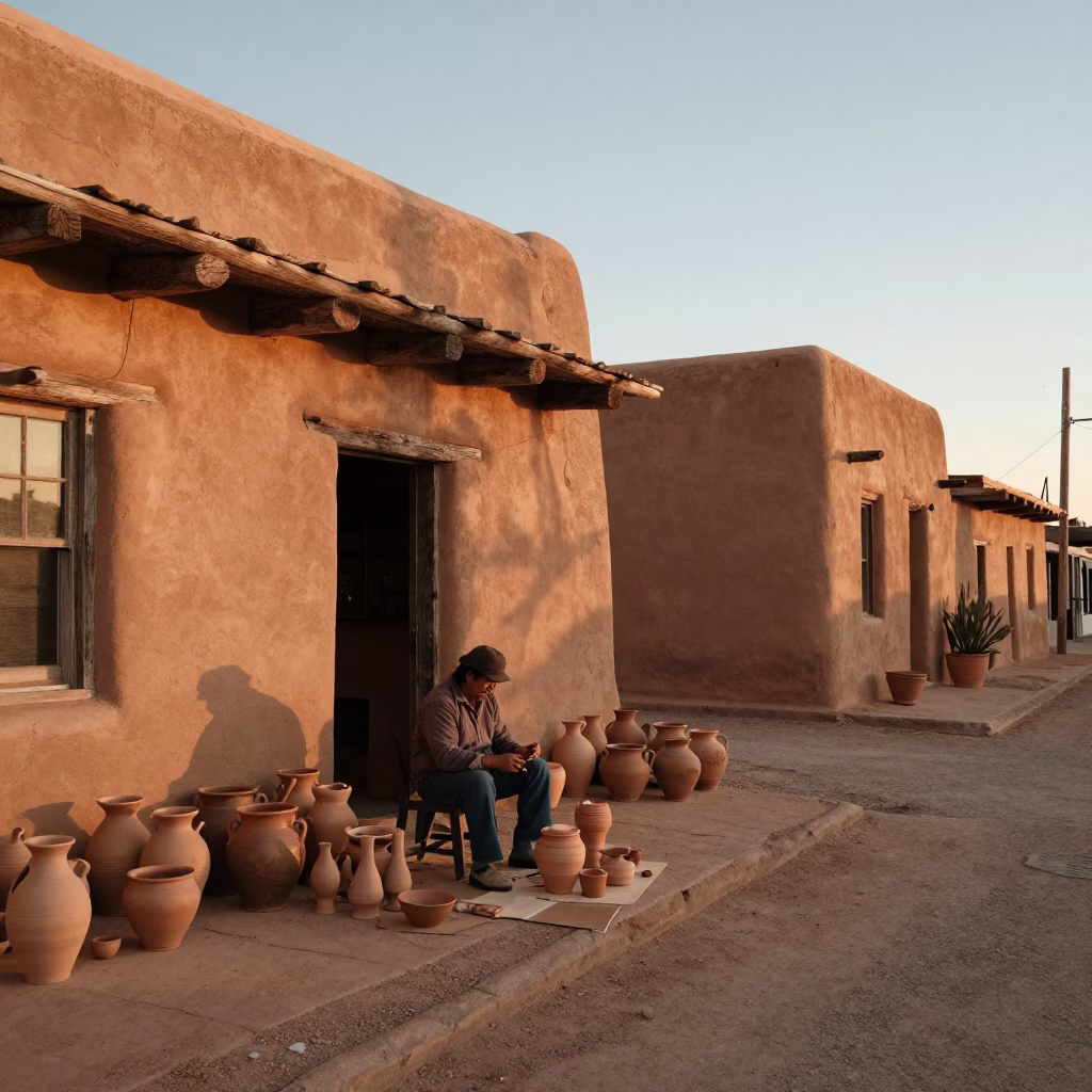 Santa Fe New Mexico Evening Street Scene with Traditional Pottery and adobe Architecture in in Santa Fe, New Mexico, United States