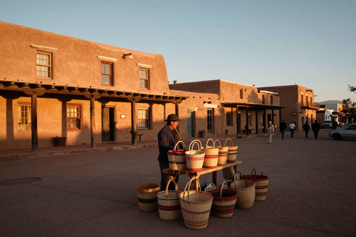 Santa Fe New Mexico Evening Street Scene with Woven Baskets and Adobe Architecture in in Santa Fe, New Mexico, United States