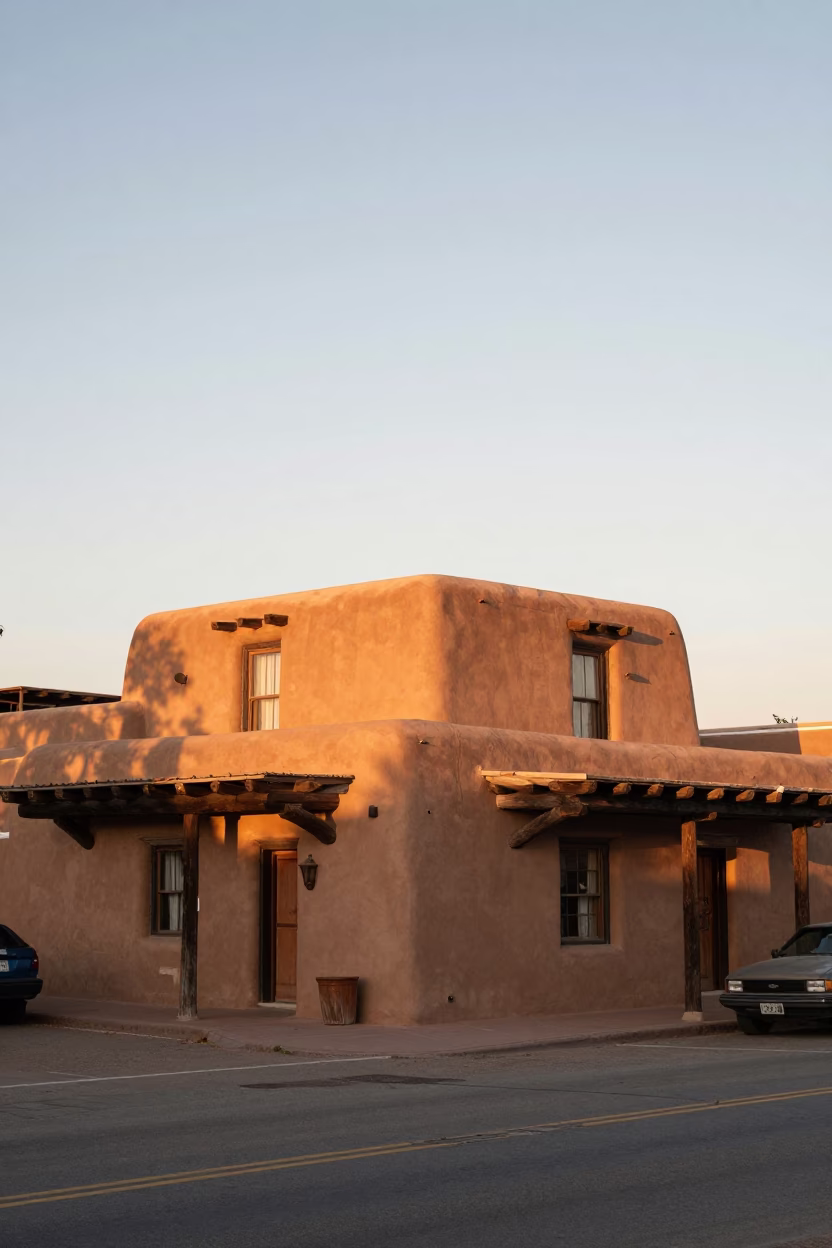Santa Fe New Mexico First Light Adobe Architecture and Busy Street Scene in in Santa Fe, New Mexico, United States
