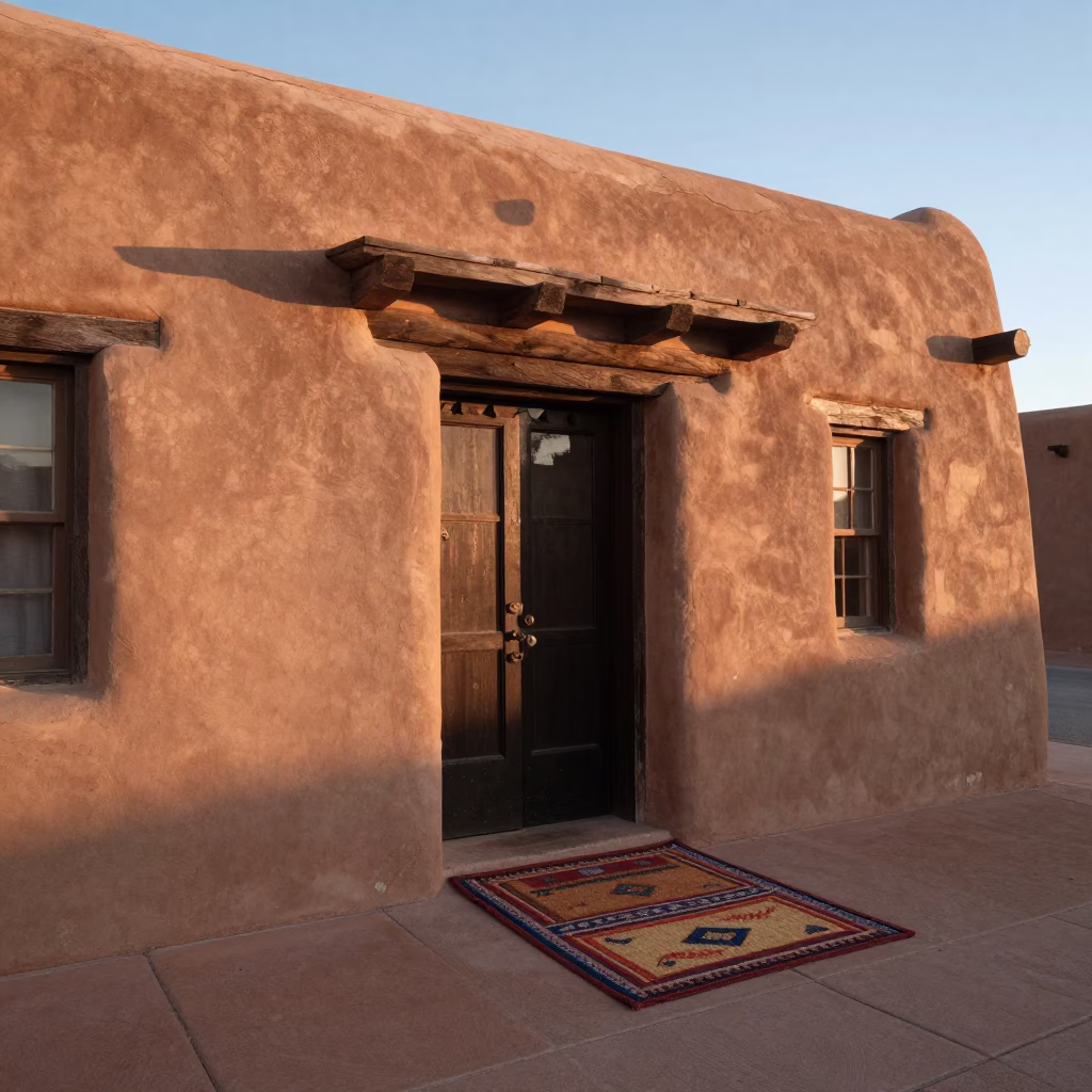 Santa Fe New Mexico First Light Adobe Architecture and Vibrant Door Mats in in Santa Fe, New Mexico, United States