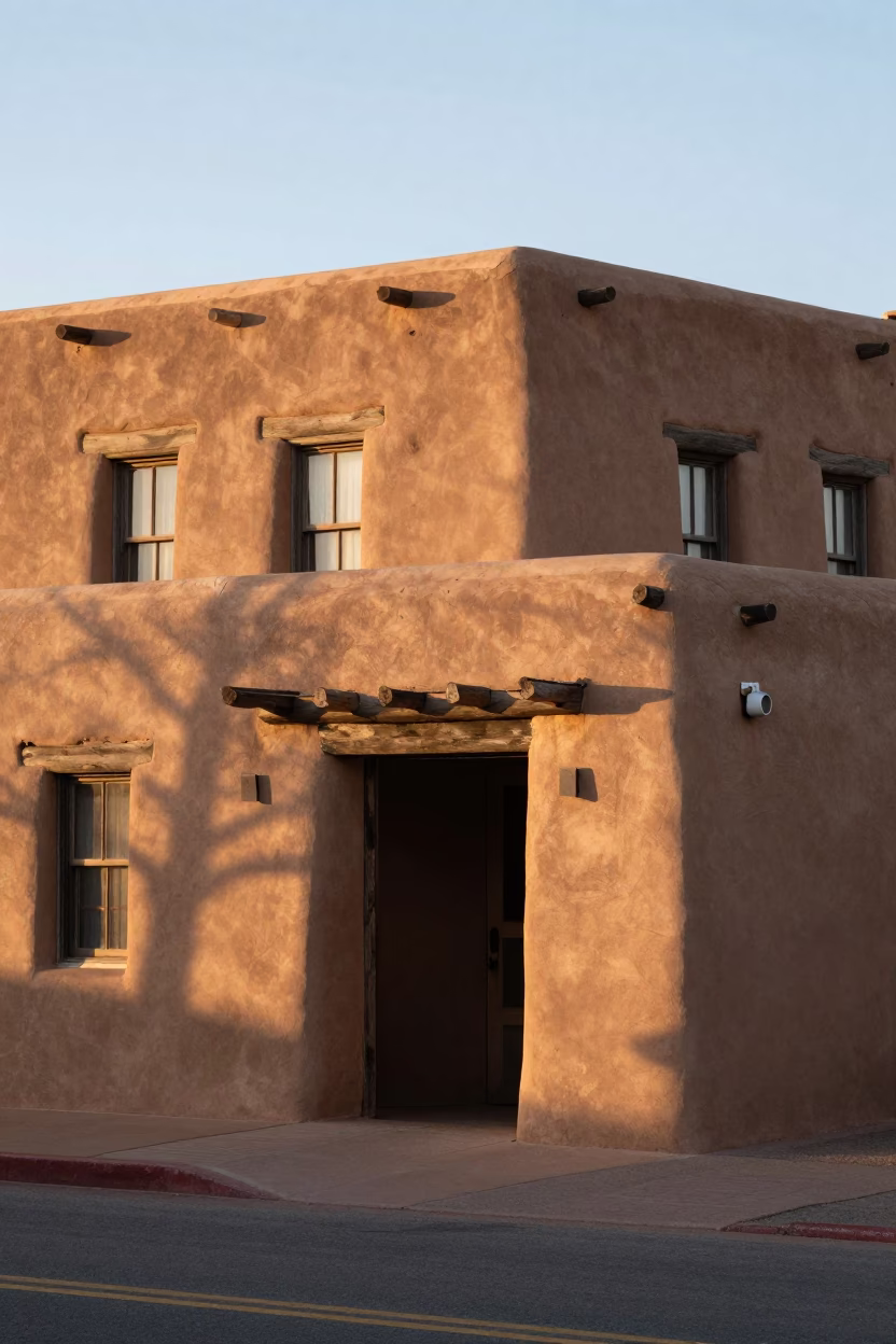 Santa Fe New Mexico First Light Adobe Architecture Morning Street Scene in in Santa Fe, New Mexico, United States