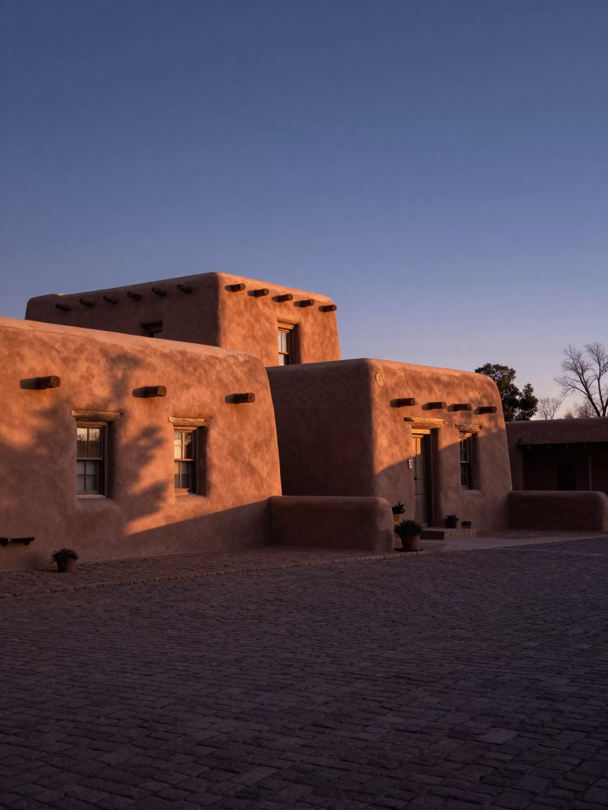 Santa Fe New Mexico First Light Dawn Adobe Architecture and Quiet Plaza in in Santa Fe, New Mexico, United States