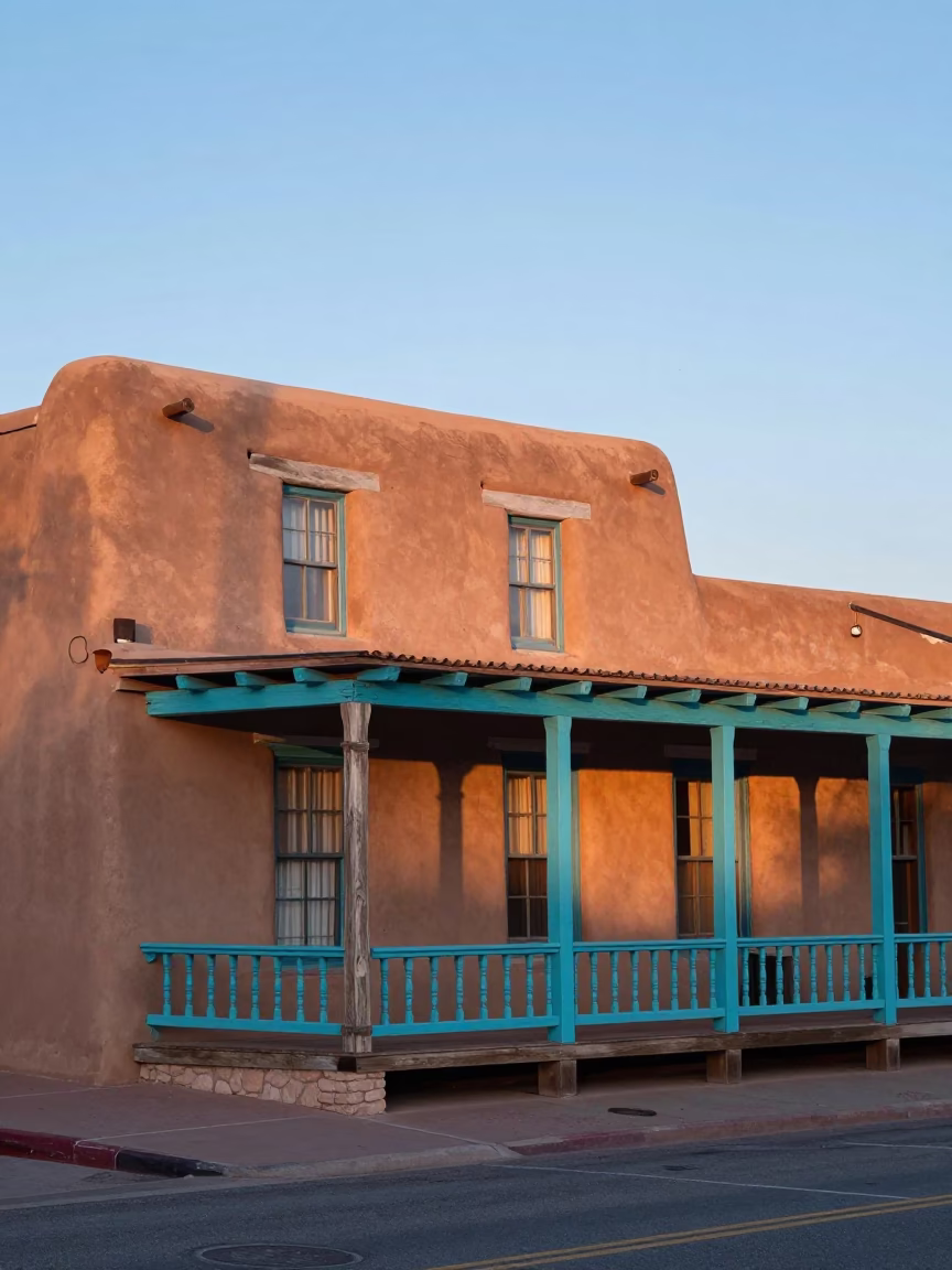 Santa Fe New Mexico First Light Dawn Adobe Architecture Colorful Street Scene in in Santa Fe, New Mexico, United States