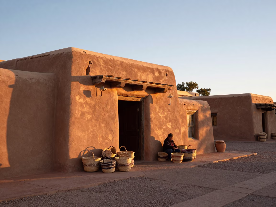 Santa Fe New Mexico First Light Dawn Adobe Architecture Woven Baskets and Street Life in in Santa Fe, New Mexico, United States