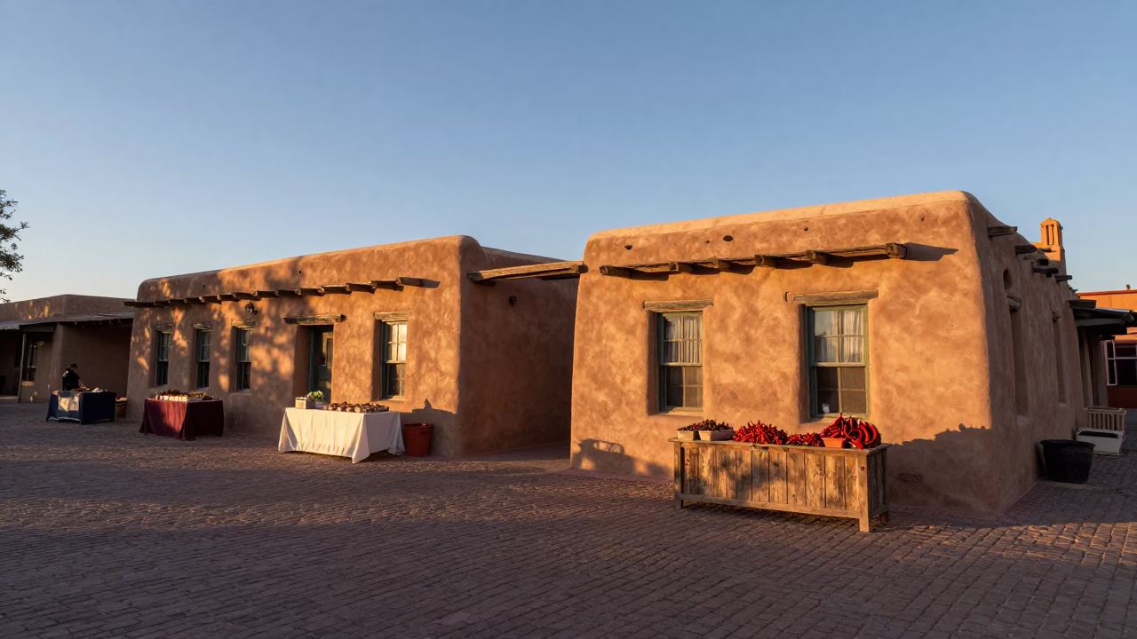 Santa Fe New Mexico First Light Dawn Adobe Building Chili Pepper Vendors in in Santa Fe, New Mexico, United States