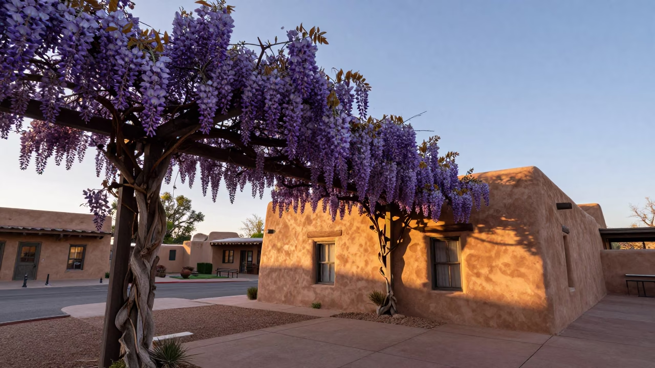 Santa Fe New Mexico First Light Dawn Adobe Plaza Wisteria Vine Plaster Wall in in Santa Fe, New Mexico, United States