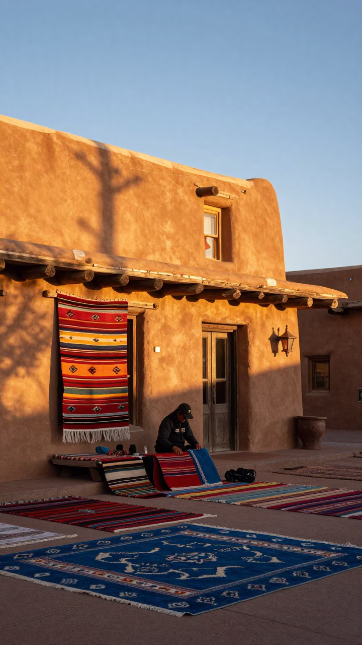 Santa Fe New Mexico Golden Hour Adobe Architecture and Colorful Textile Market Scene in in Santa Fe, New Mexico, United States