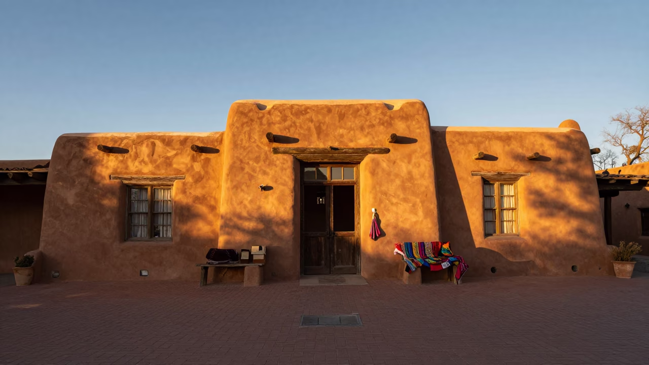 Santa Fe New Mexico Golden Hour Adobe Architecture and Colorful Textiles in in Santa Fe, New Mexico, United States