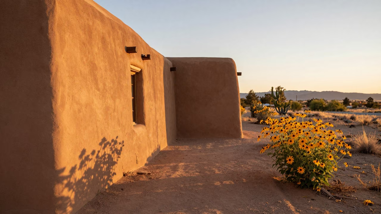 Santa Fe New Mexico Golden Hour Adobe Architecture and Desert Flora in in Santa Fe, New Mexico, United States