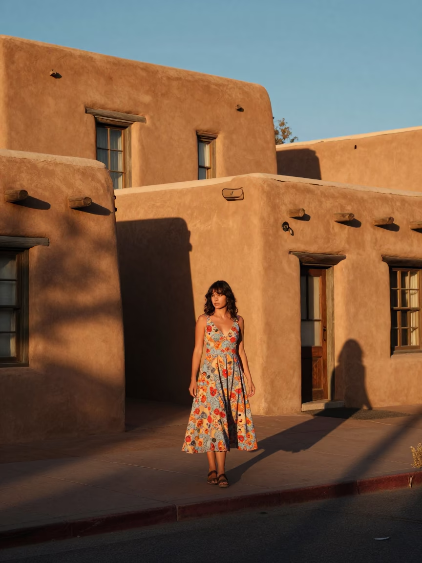 Santa Fe New Mexico Golden Hour Adobe Architecture and Street Life in in Santa Fe, New Mexico, United States